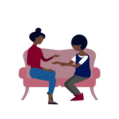 Black couple of two women are talking sitting on sofa. Flat style stock vector illustration.