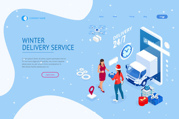 Isometric Christmas online shopping and winter sale web banner concept. Delivery girl with winter gift box. Merry Christmas and Happy Holidays.