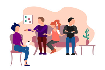 Three people in polygamy relationship having therapeutical meeting at psychologist office. Two men and one woman. Flat style stock vector illustration.
