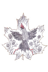 A witch in a thistle thicket in a magic circle on Halloween night. Autumn fairy tale. Liner hand drawn illustration