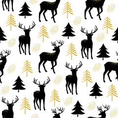 Materiał do szycia Christmas seamless pattern with cute golden deer and fir trees. Vector print for textile or paper. Happy new year