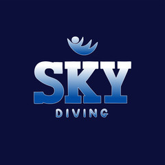Skydiving, bodyflying hand drawn lettering logo, emblem with silhouette of person.
