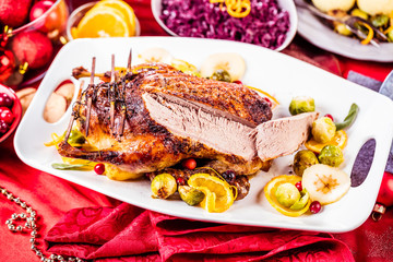 Christmas roast duck served on a festive table