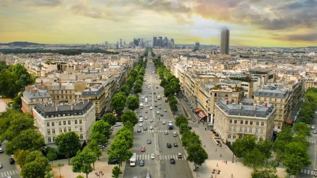 Cinemagraph.4k.View of la Defence district from Arc de Triomphe in Paris, France