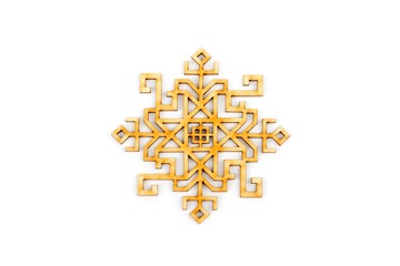 Natural, real, wooden snowflake - Christmas tree decoration. Great design for the New year greeting card and holiday concept. Close-up. Isolated on white background. Place for text. Copy space.