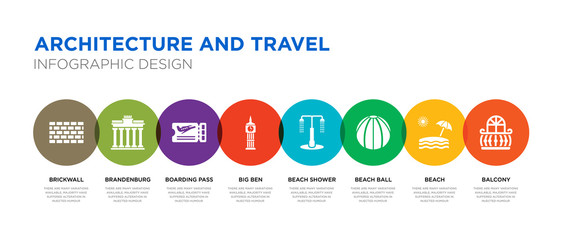 8 colorful architecture and travel vector icons set such as balcony, beach, beach ball, beach shower, big ben, boarding pass, brandenburg, brickwall