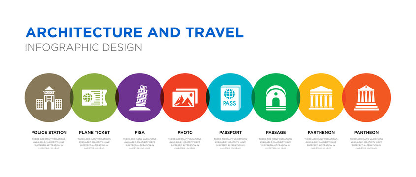 8 colorful architecture and travel vector icons set such as pantheon, parthenon, passage, passport, photo, pisa, plane ticket, police station