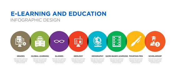 8 colorful e-learning and education vector icons set such as scholarship, fountain pen, game-based learning, geography, geology, glasses, global learning, grades