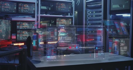 Hacker watching holographic display screens - Powered by Adobe