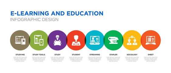 8 colorful e-learning and education vector icons set such as sheet, sociology, stapler, streaming, student, study, study tools, studying