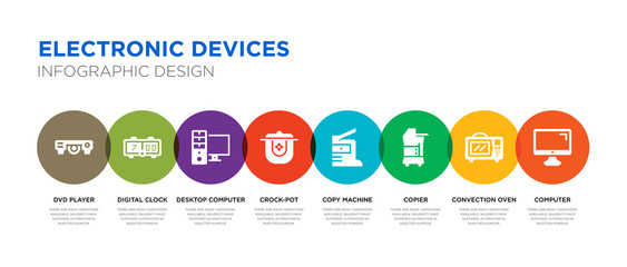 8 colorful electronic devices vector icons set such as computer, convection oven, copier, copy machine, crock-pot, desktop computer, digital clock, dvd player