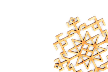 Winter, Christmas, New Year greeting card. Wooden decoration - snowflake, star. Decor made from natural wood. Isolated on white background. Closeup. Place for text, copy space. Top view.