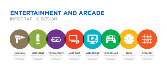 8 colorful entertainment and arcade vector icons set such as tic tac toe, token, video console, video editing, video game, virtual reality glasses, voice acting, water gun