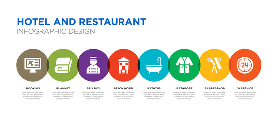 8 colorful hotel and restaurant vector icons set such as 24 service, barbershop, bathrobe, bathtub, beach hotel, bellboy, blanket, booking