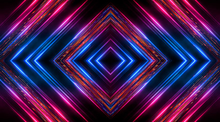 Fototapeta premium Dark abstract futuristic background. Neon lines, glow. Neon lines, shapes. Pink and blue glow. 
