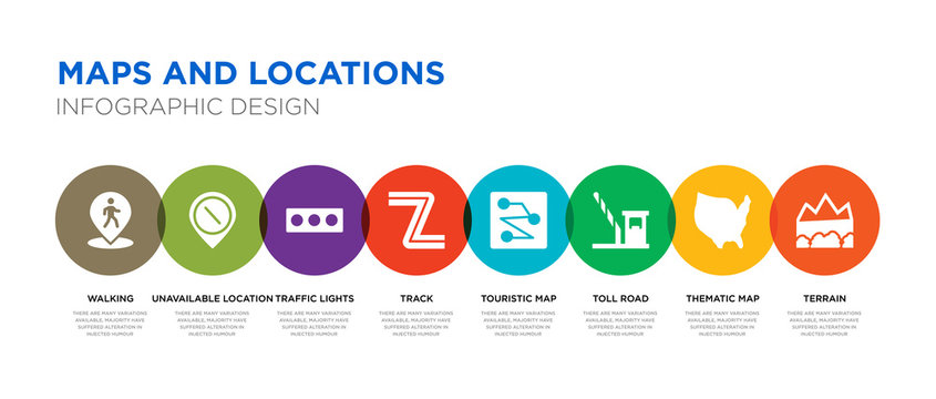 8 Colorful Maps And Locations Vector Icons Set Such As Terrain, Thematic Map, Toll Road, Touristic Map, Track, Traffic Lights, Unavailable Location, Walking