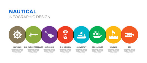 8 colorful nautical vector icons set such as sea, sea flag, sea package, seaworthy, ship admiral, ship engine, ship engine propeller, helm