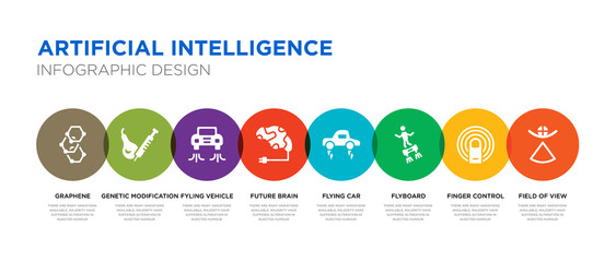 8 colorful artificial intelligence vector icons set such as field of view, finger control, flyboard, flying car, future brain, fyling vehicle, genetic modification, graphene