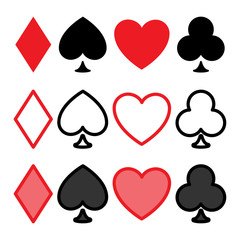 Poker icon set. Heart, spade, club and diamond. Playing card suit icons in modern geometric minimal style. Vector cards symbols set