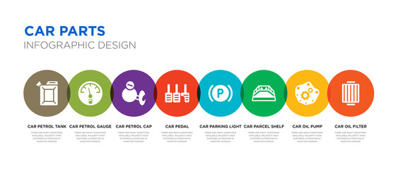 8 colorful car parts vector icons set such as car oil filter, car oil pump, parcel shelf, parking light, pedal, petrol cap, petrol gauge, petrol tank