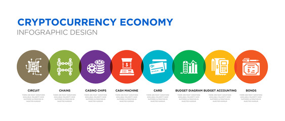 8 colorful cryptocurrency economy vector icons set such as bonds, budget accounting, budget diagram, card, cash machine, casino chips, chains, circuit
