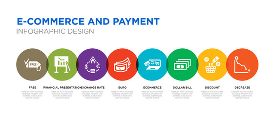 8 colorful e-commerce and payment vector icons set such as decrease, discount, dollar bill, ecommerce, euro, exchange rate, financial presentation, free
