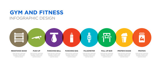 8 colorful gym and fitness vector icons set such as protein, protein shake, pull up bar, pulsometer, punching bag, punching ball, push up, resistance band