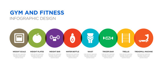 8 colorful gym and fitness vector icons set such as treadmill machine, trellis, triceps bar, waist, water bottle, weight bar, weight plates, weight scale