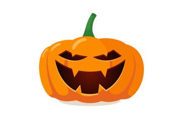 Spooky pumpkin jack o lantern with creepy ghost smile. Traditional happy halloween holiday celebration horror decoration evil symbol. Flat vector illustration isolated on white background