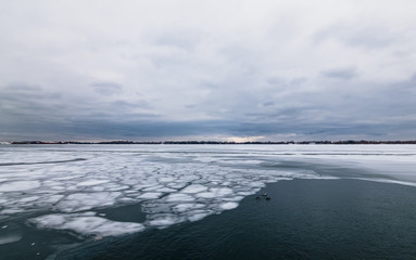Lago congelado con aves nadando y nubes al atardecer