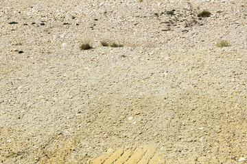 Sand texture, small and large grains of yellow. In the sand, in some places, small grass grows.