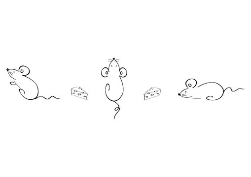 Set of simple hand drawn mice vector illustrations. Mouse with cheese pieces. Mouse, rat horoscope sign. Chinese Year of Rat 2020