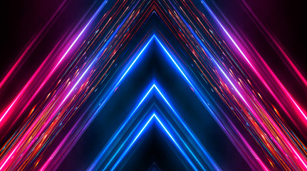 Dark abstract futuristic background. Neon lines, glow. Neon lines, shapes. Pink and blue glow. 