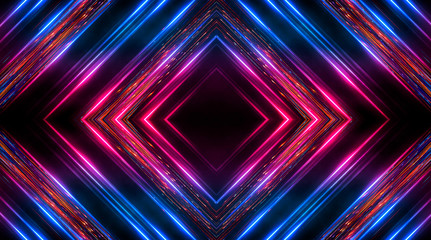 Fototapeta premium Dark abstract futuristic background. Neon lines, glow. Neon lines, shapes. Pink and blue glow. 