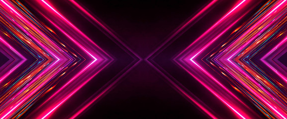 Dark abstract futuristic background. Neon lines, glow. Neon lines, shapes. Pink and blue glow. 