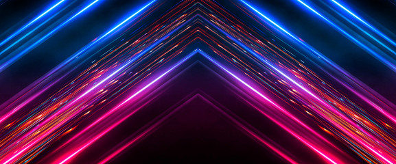 Fototapeta premium Dark abstract futuristic background. Neon lines, glow. Neon lines, shapes. Pink and blue glow. 
