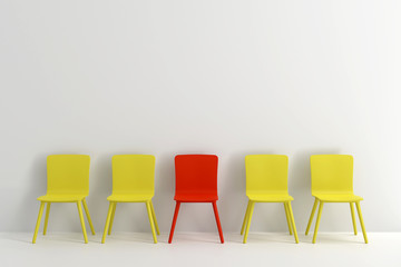 Yellow chair and red chair in light grey living room. Minimal style concept.