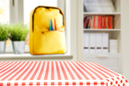 table background of free space and blurred window sill with schoolbag 