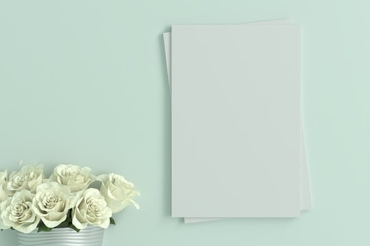 Empty Blank Card With White Rose In A Mint Green Room