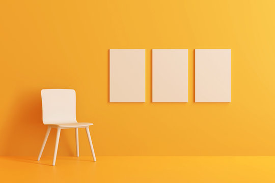 modern chair with three picture frame in yellow living room. Minimal style concept. pastel color style. 3D render.