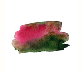 Ruby red and dark green rectangular watercolor stain. Scarlet and verdant right-angled shape. Hand drawn isolated element on white background