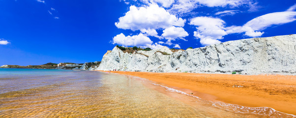 Unusual beautiful Xi beach with orange sands in Kefalonia island, Greece