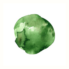 Eden color round watercolor stain. Dark green circle shape. Hand drawn isolated element on white background