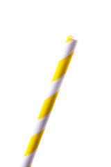 Very closeup of drinking straw for party.  Yellow spiral. Top view of colorful disposable eco-friendly straw for summer cocktails. Paper coctail colorful straw isolated on white  background, isolated.