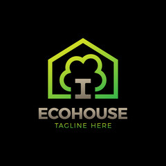 Tree house logo design template. Illustration of eco home with tree inside house icon