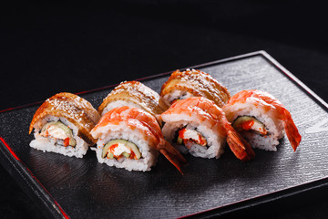Japanese food, tasty of meal for lunch. Seafood. Sushi with Shrimp and eel black background.