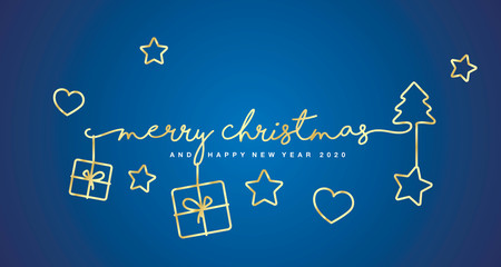 Merry Christmas and Happy New Year 2020 gold symbols and handwritten tipography blue background greeting card