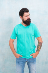 Pure brutal. Hipster wear long beard and mustache in brutal style. Bearded man with brutal look....