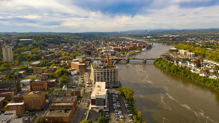 Aerial Perspective over Downtown Troy New York on the Hudson River