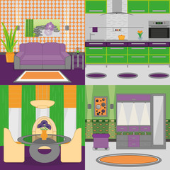 Set of vector interiors with furniture and equipment. Design a living room, kitchen, hall.
